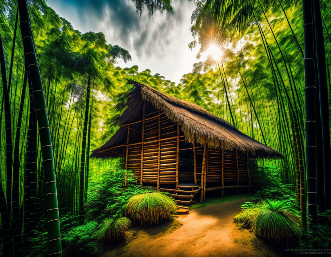 Tranquil bamboo forest with traditional hut and sunbeams