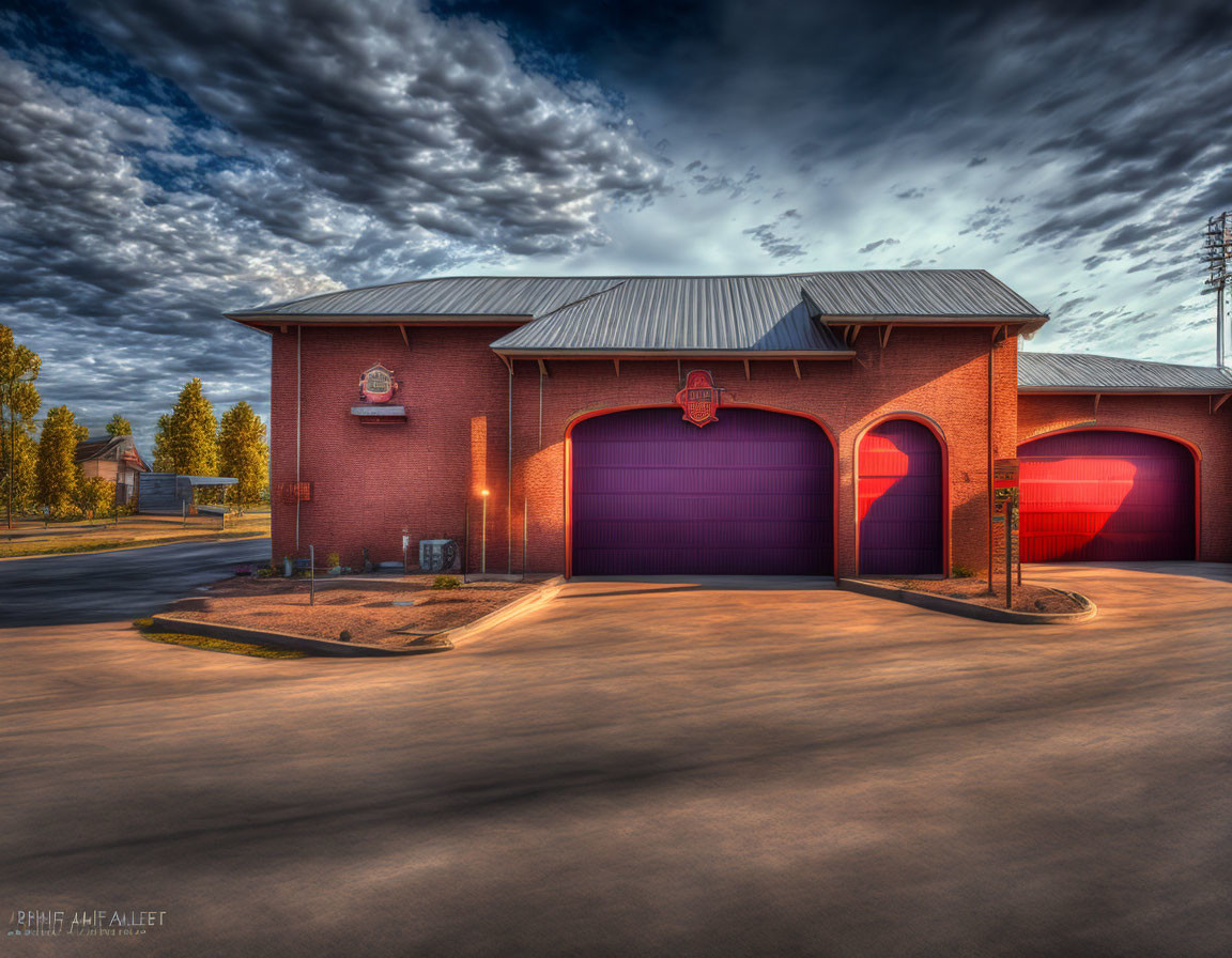 Red Brick Fire Station with Purple Garage Doors at Sunset