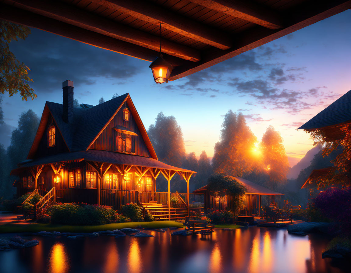 Tranquil river wooden house with lit porch lights at dusk