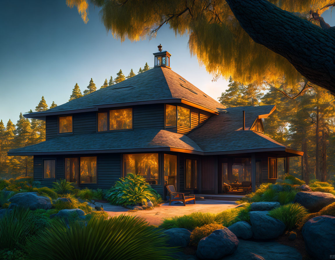 Tranquil forest scene with cozy two-story house at sunset