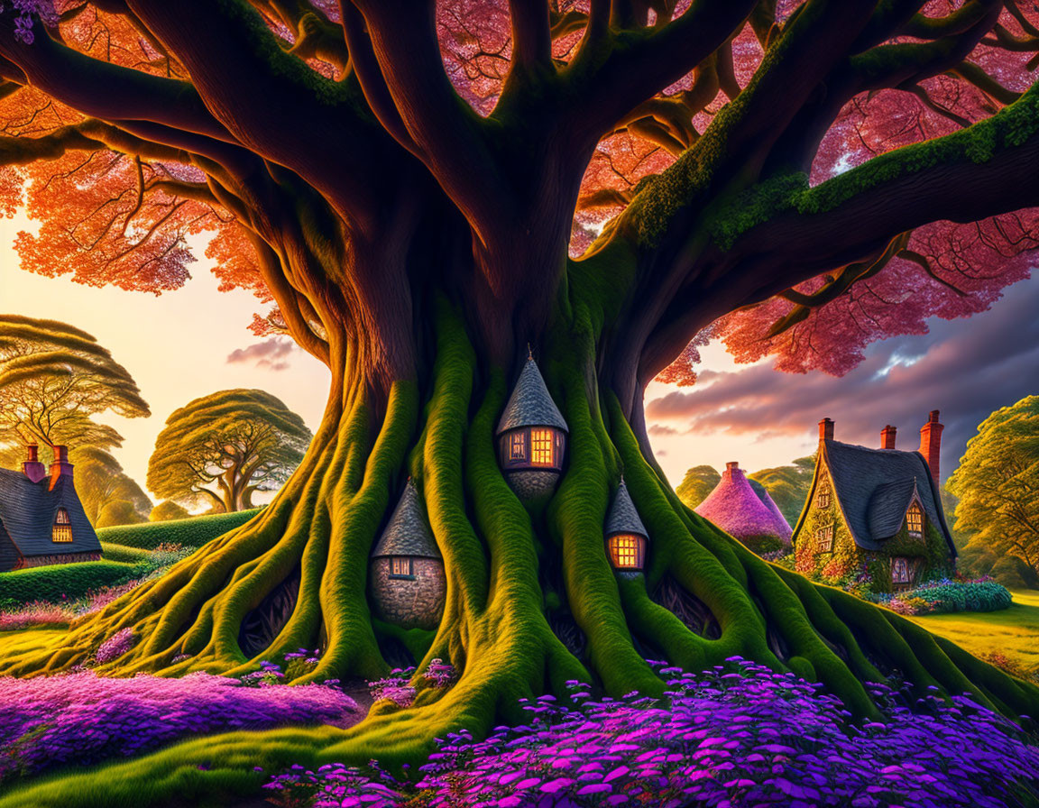 Massive tree with interwoven roots, cottages, and purple flowerbed at sunset