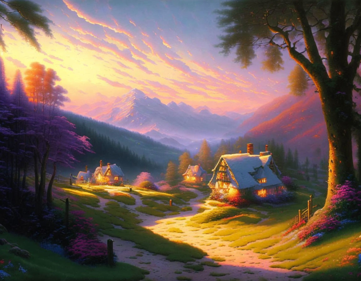 Vibrant sunset landscape with illuminated cottages in lush forest