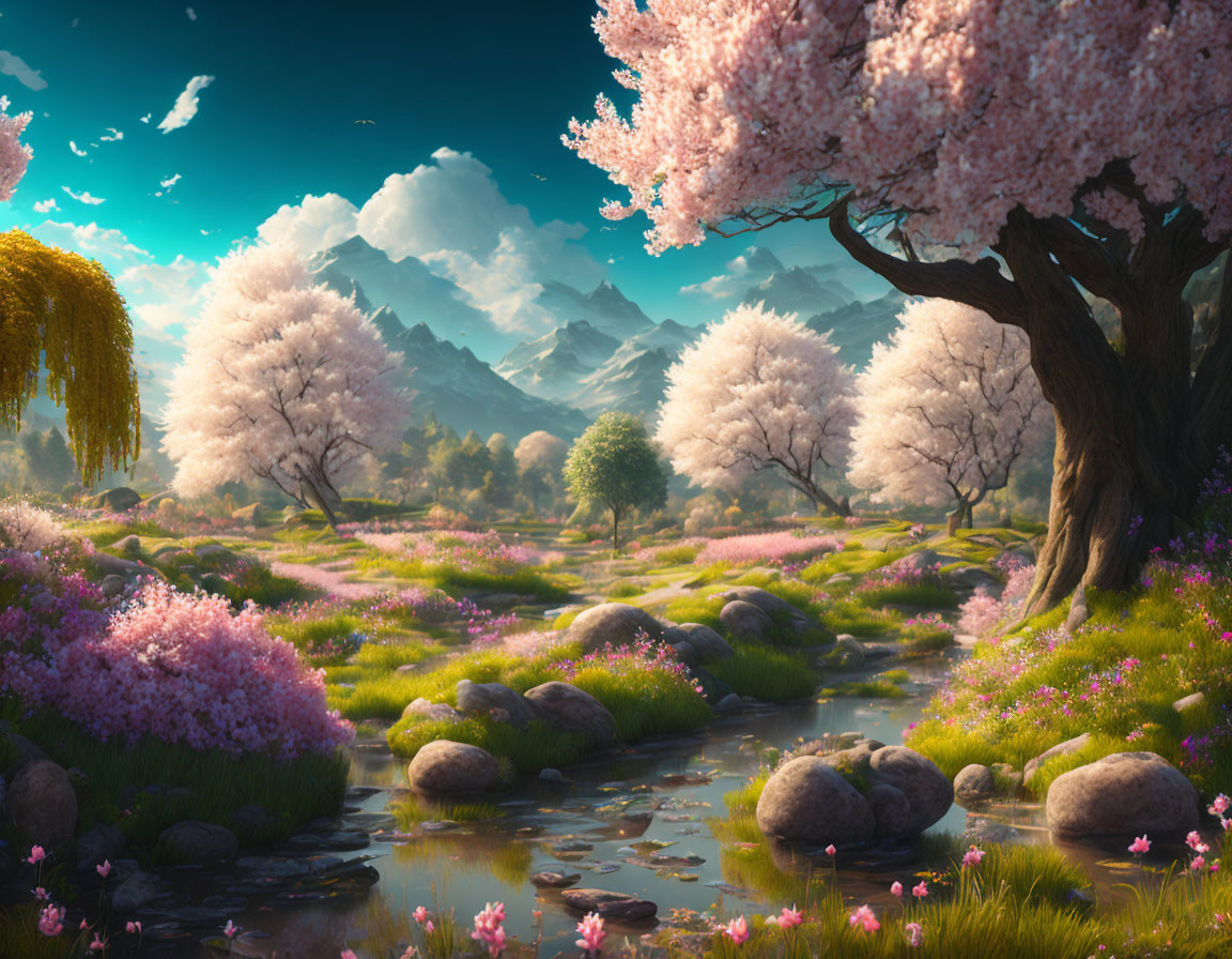 Tranquil landscape with pink cherry trees, stream, rocks, and mountains