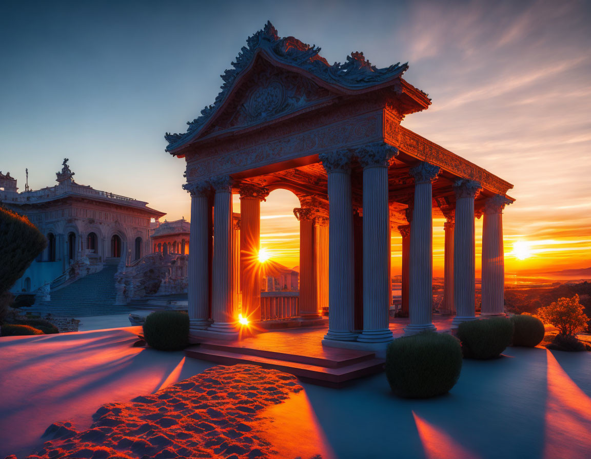 Ornate classical pavilion at sunset with warm glow and radiant sky