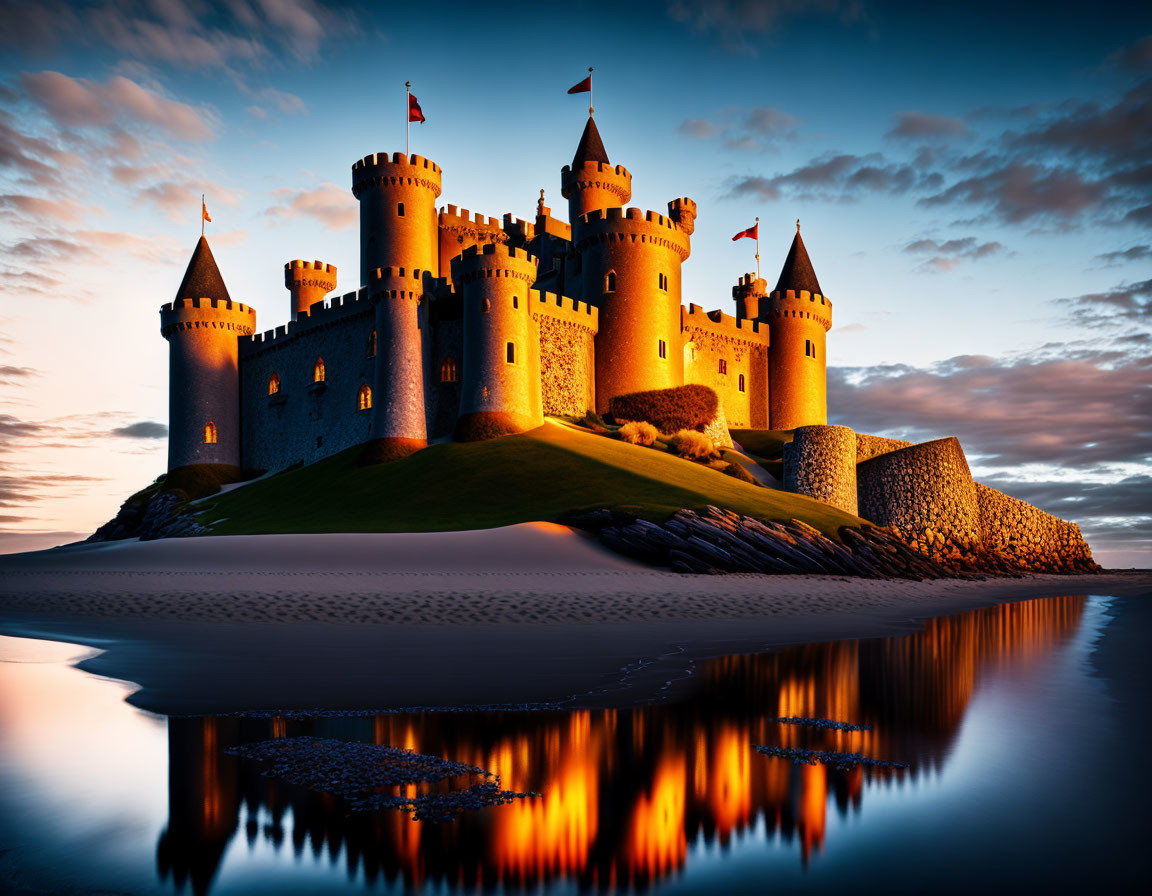 Castle with multiple towers and flags at sunset by tranquil water