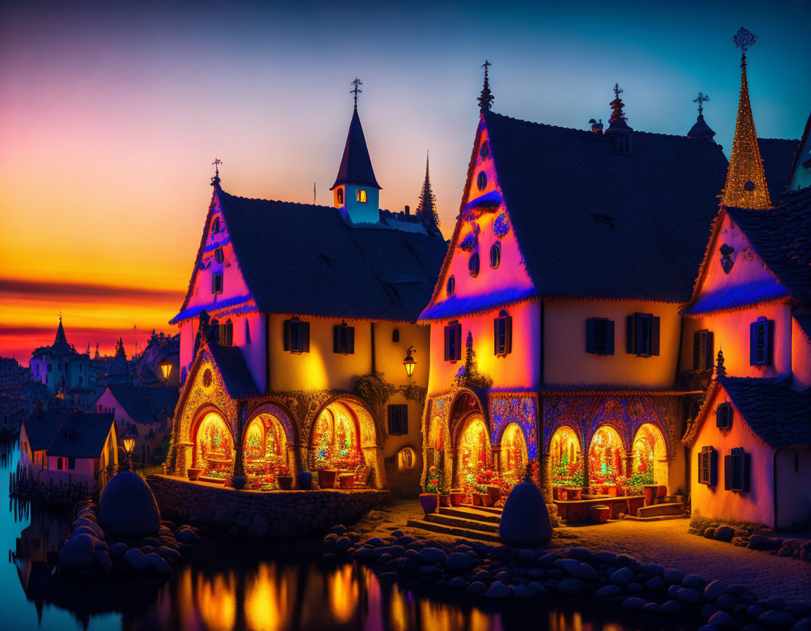 Traditional buildings illuminated by festive lights at twilight near calm water with vibrant sunset.