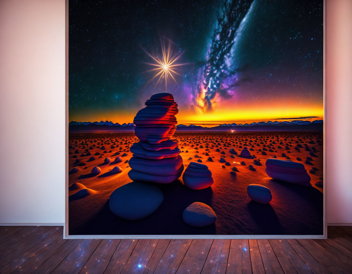 Desert landscape with stacked stones under a starry night sky