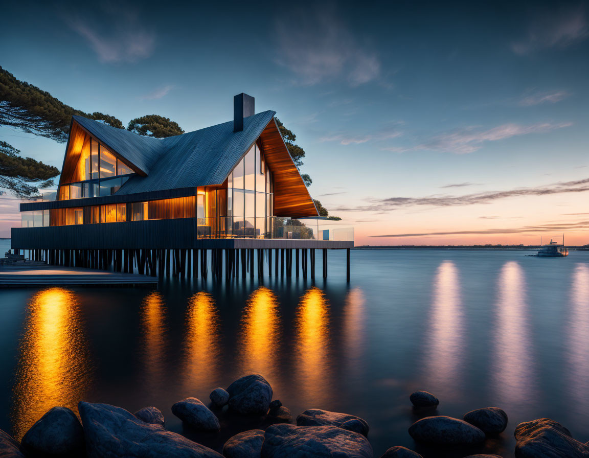 Contemporary waterfront house at sunset with large windows and unique roof design reflected on calm water.