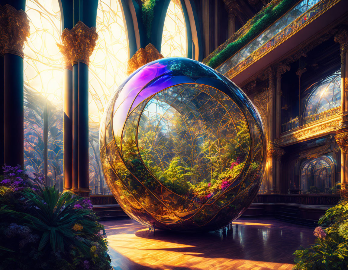 Iridescent orb with miniature forest in ornate room