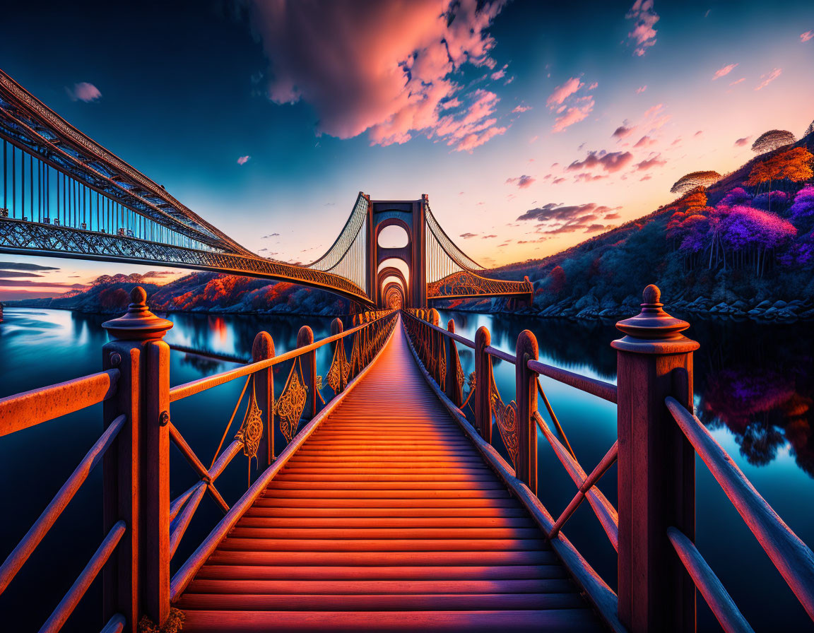 Serene sunset sky over water with wooden walkway and suspension bridge