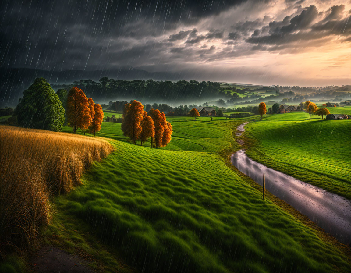 Dramatic rural landscape: rainstorm, sunlight, autumn trees, glistening road