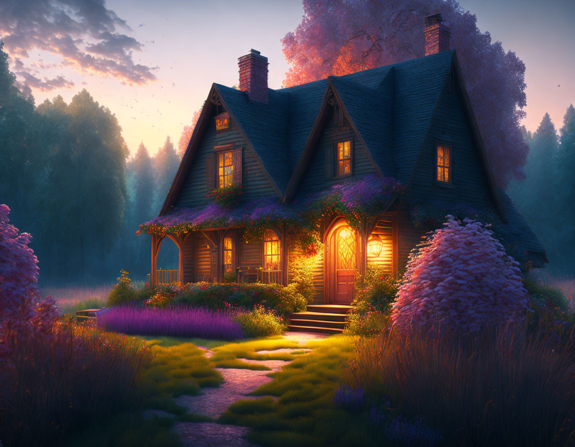 Twilight scene of cottage nestled among trees and gardens