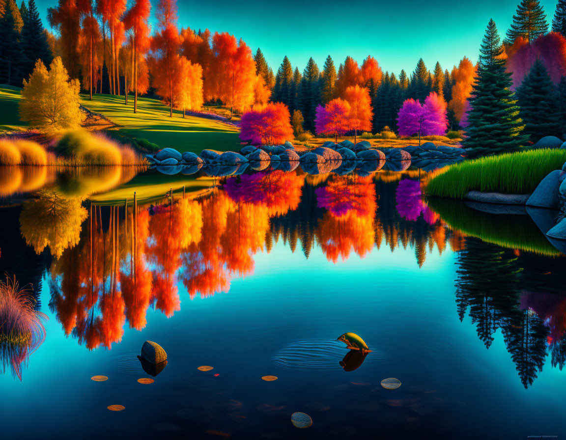 Colorful Autumn Trees Reflecting in Tranquil Lake with Rocks & Blue Skies