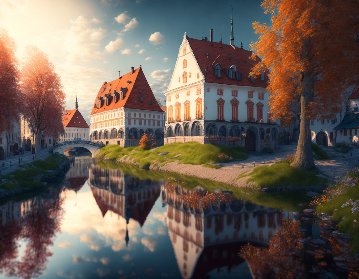 European Castle with Red Roof by Tranquil River in Autumn Setting