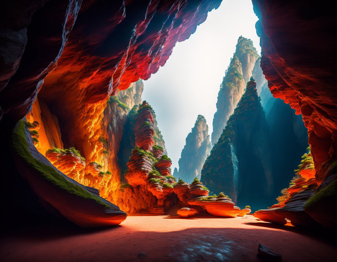 Sandstone Pillars and Cave Opening: Vibrant View of Verdant Vegetation