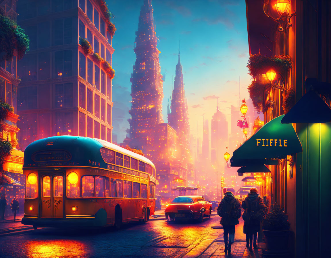 Retro-futuristic city street with neon signs, vintage bus, classic car, and pedestrians at