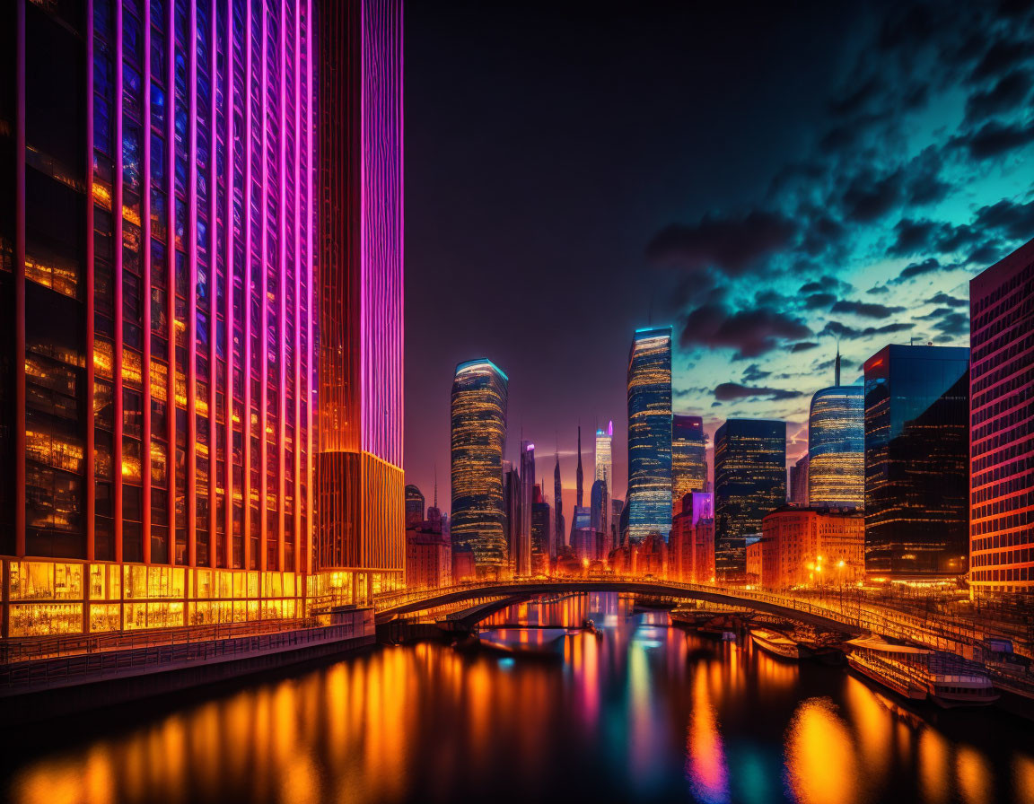 Cityscape at Dusk: Vibrant Skyscrapers, River Reflections, Bridge, Dram