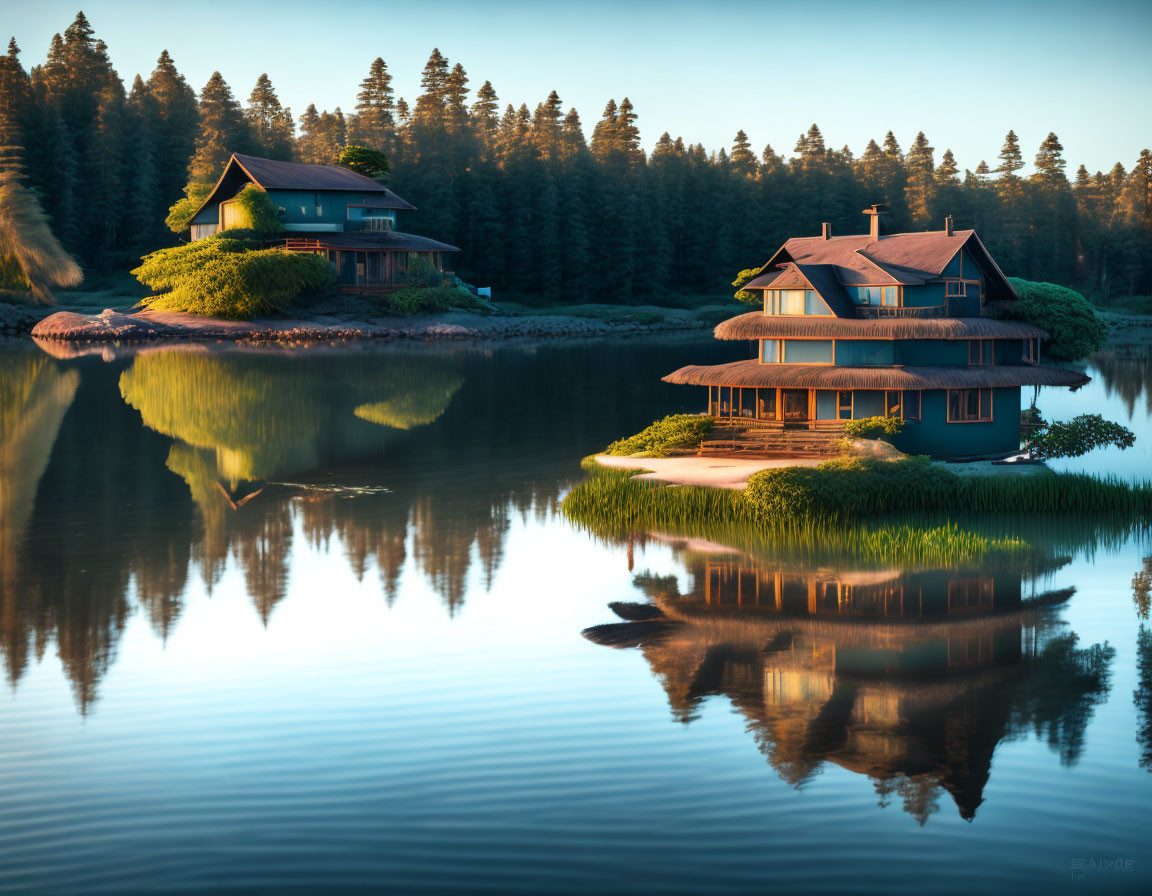 Tranquil Lakeside Houses in Golden Hour Light