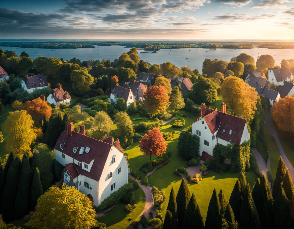 Tranquil suburban area with lush gardens and trees at sunrise or sunset