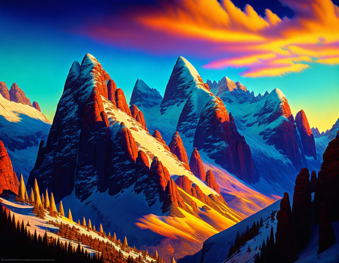 Scenic sunset over snow-capped mountains with colorful clouds