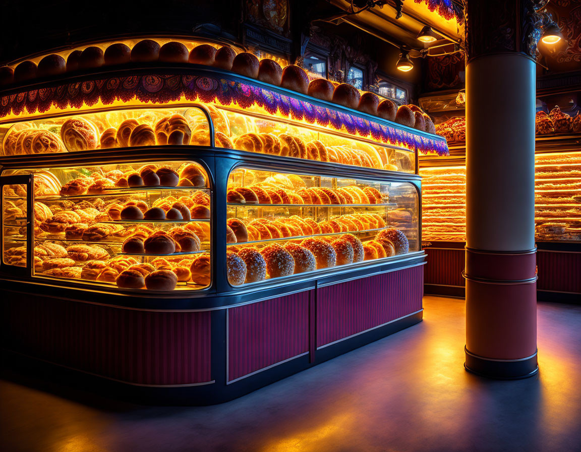 Cozy bakery interior with glass display cases of fresh bread and pastries