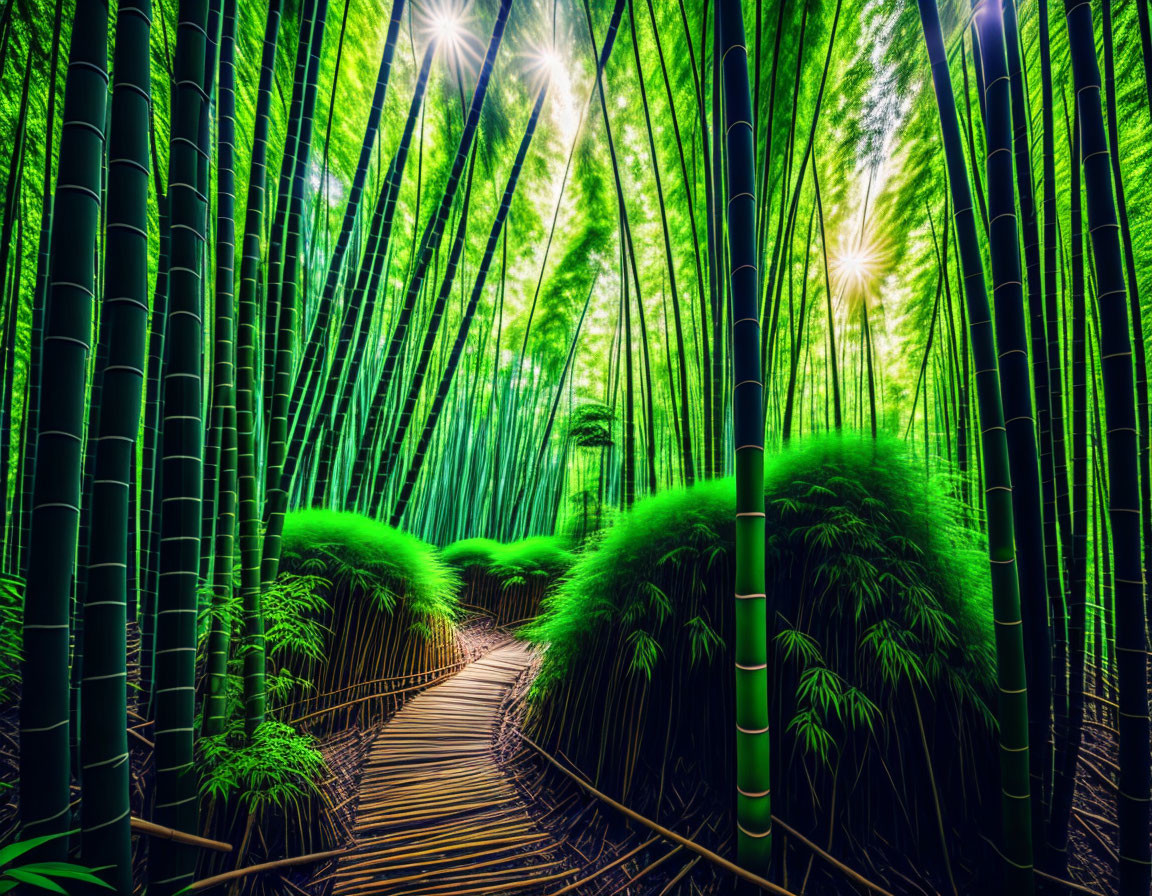 Lush Bamboo Forest with Sunlight Rays and Wooden Pathway