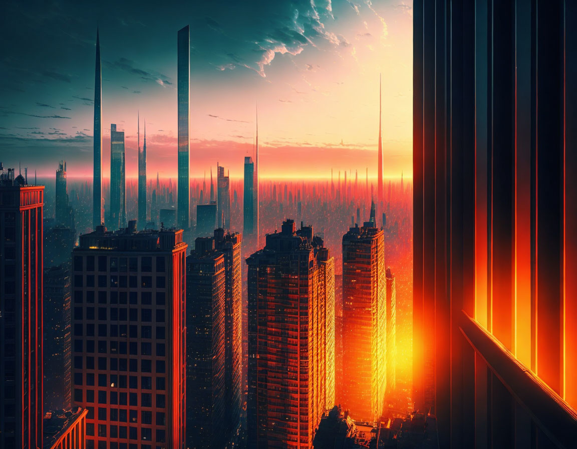 Futuristic cityscape sunset with towering skyscrapers