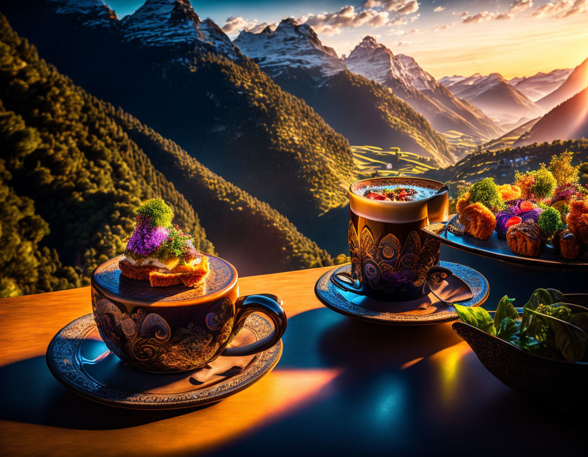 Ornate cups with garden desserts on table with mountain sunset