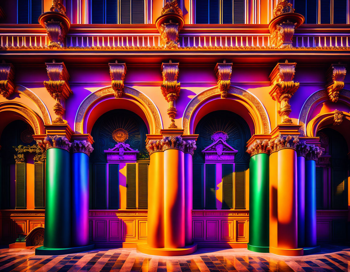 Classical building facade lit by vibrant neon lights