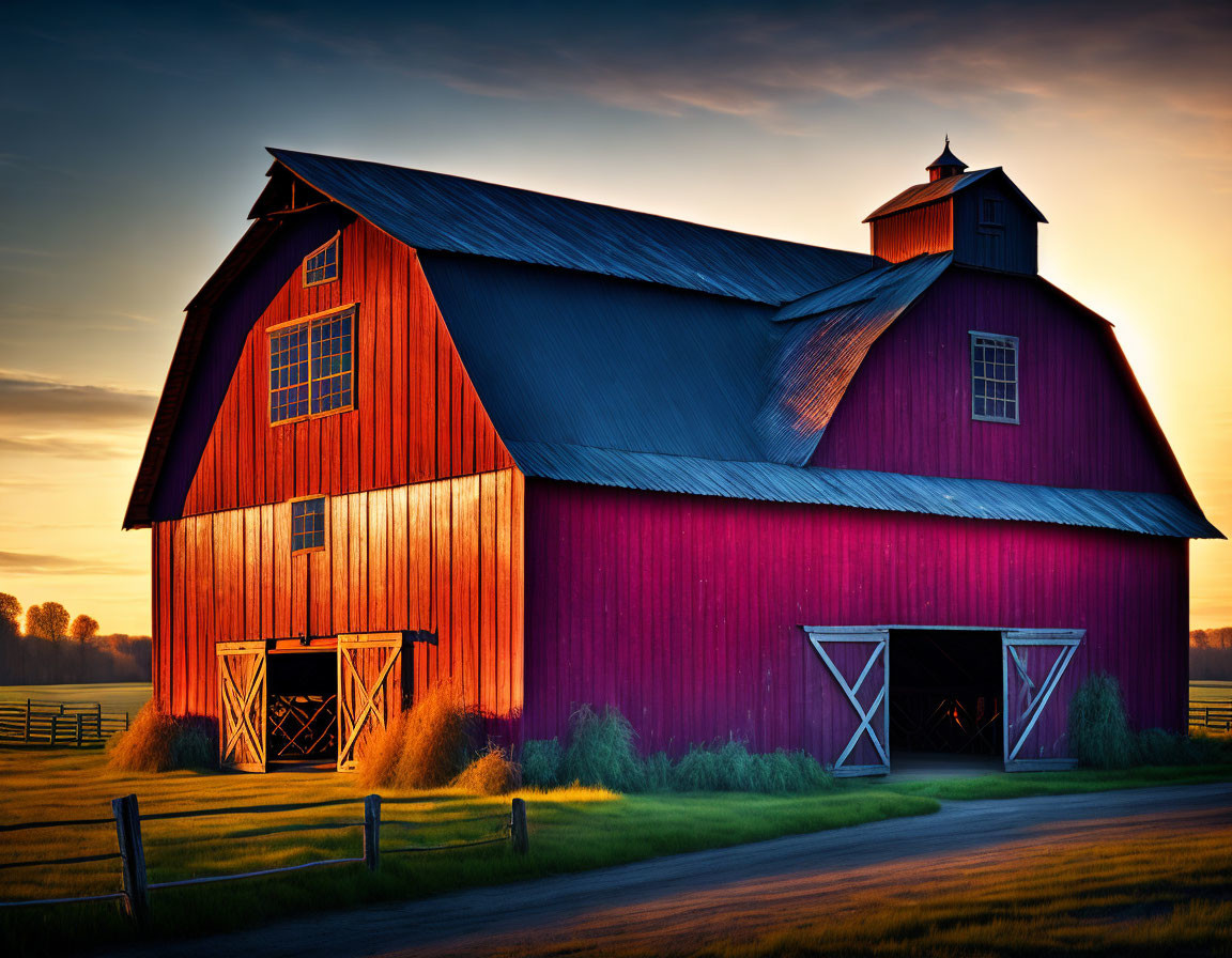 Red barn with blue roof in serene rural landscape at sunset