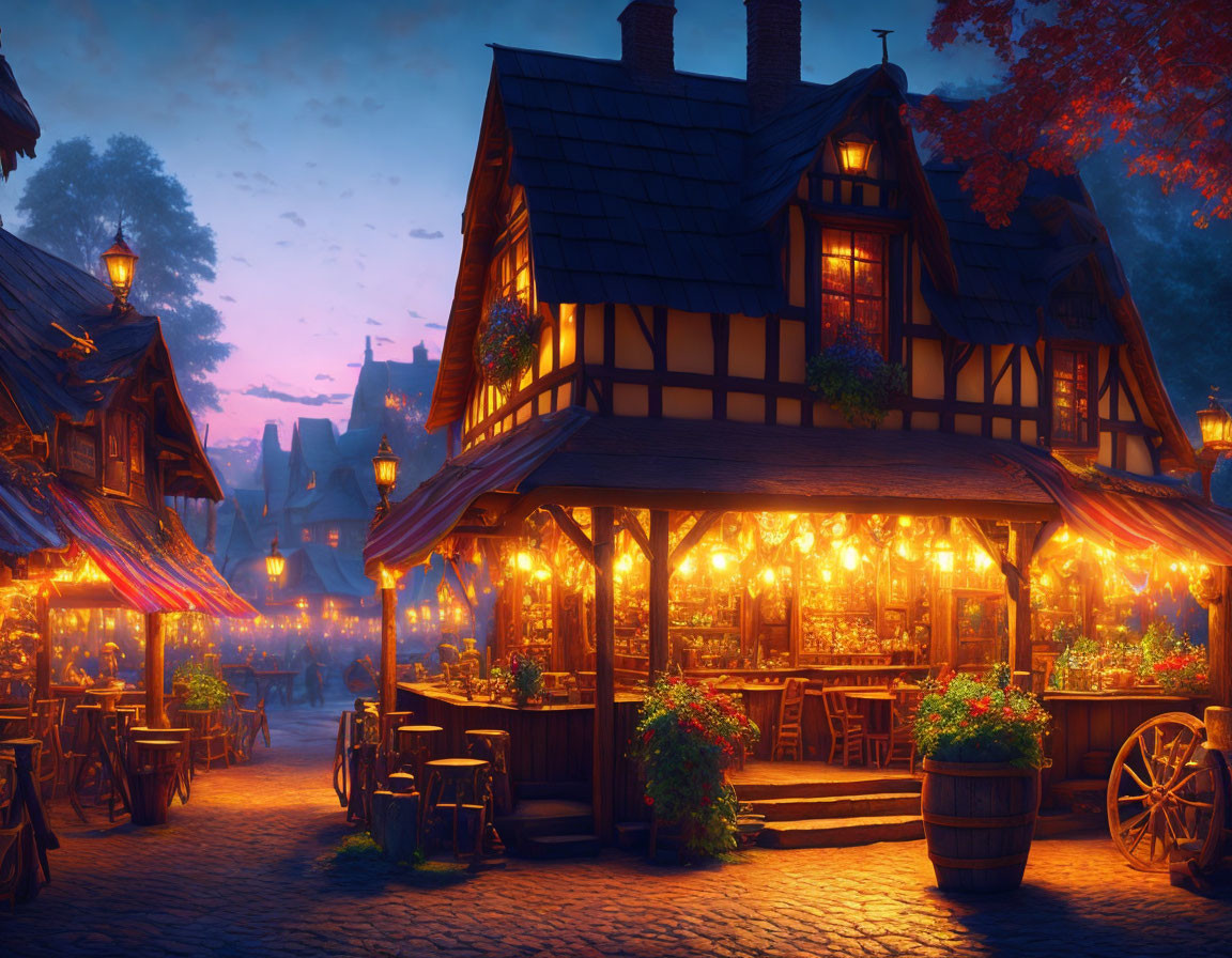 Medieval tavern at dusk with warm lights, flowers, and wooden barrels on cobblestone street