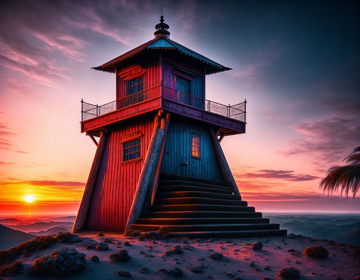 Red wooden tower with steps in desert landscape under purple sunset sky