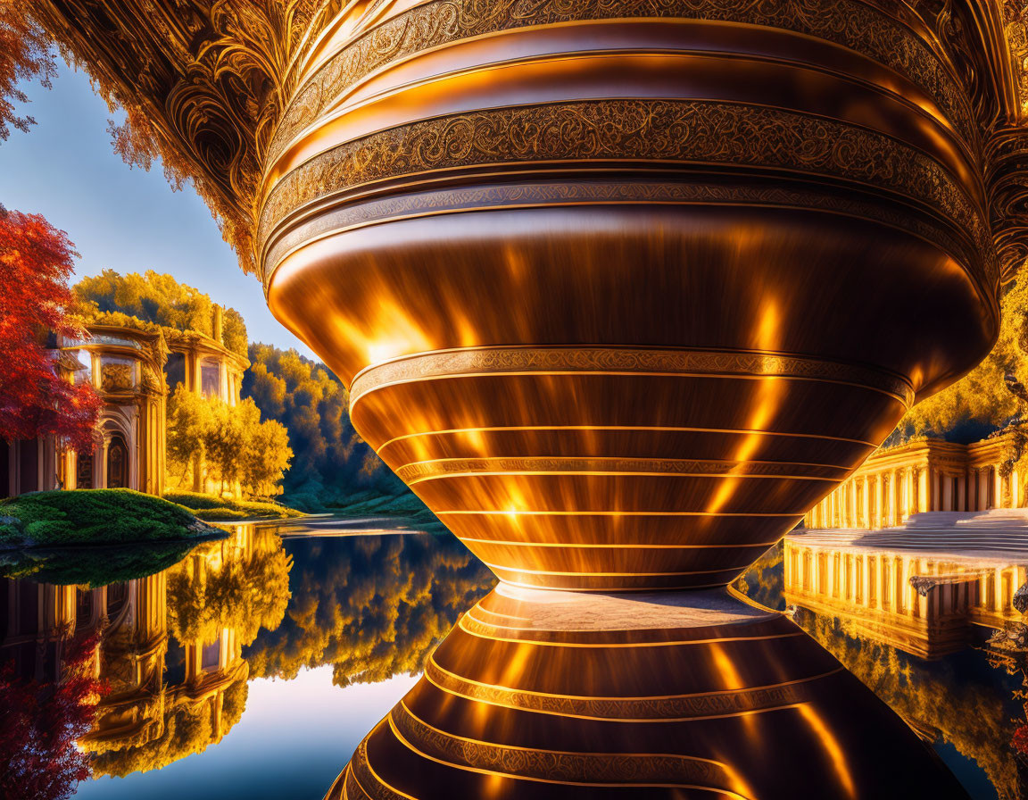 Surreal spinning top reflection in autumnal setting