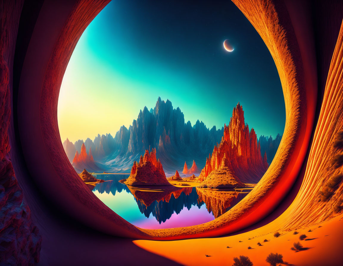 Vibrant surreal landscape with rocky spires and reflective lake