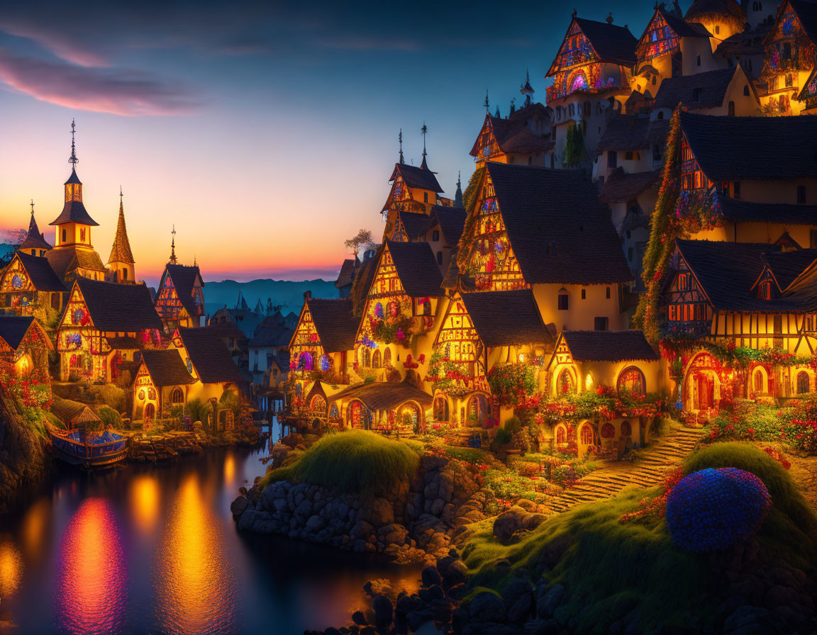 Fantasy village at twilight with half-timbered houses and ornate bridges