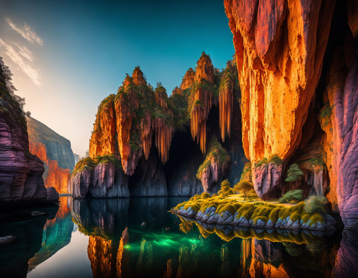 Tranquil river canyon with orange cliffs, lush greenery, and sunset reflection