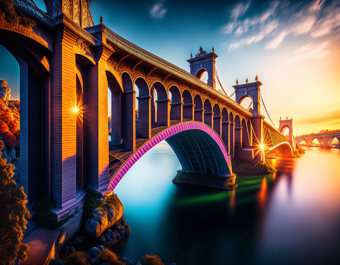 Ornate bridge at sunset over tranquil river with autumn foliage