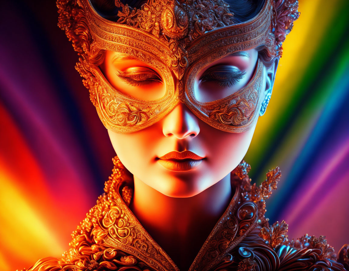 Woman in ornate golden mask on rainbow background