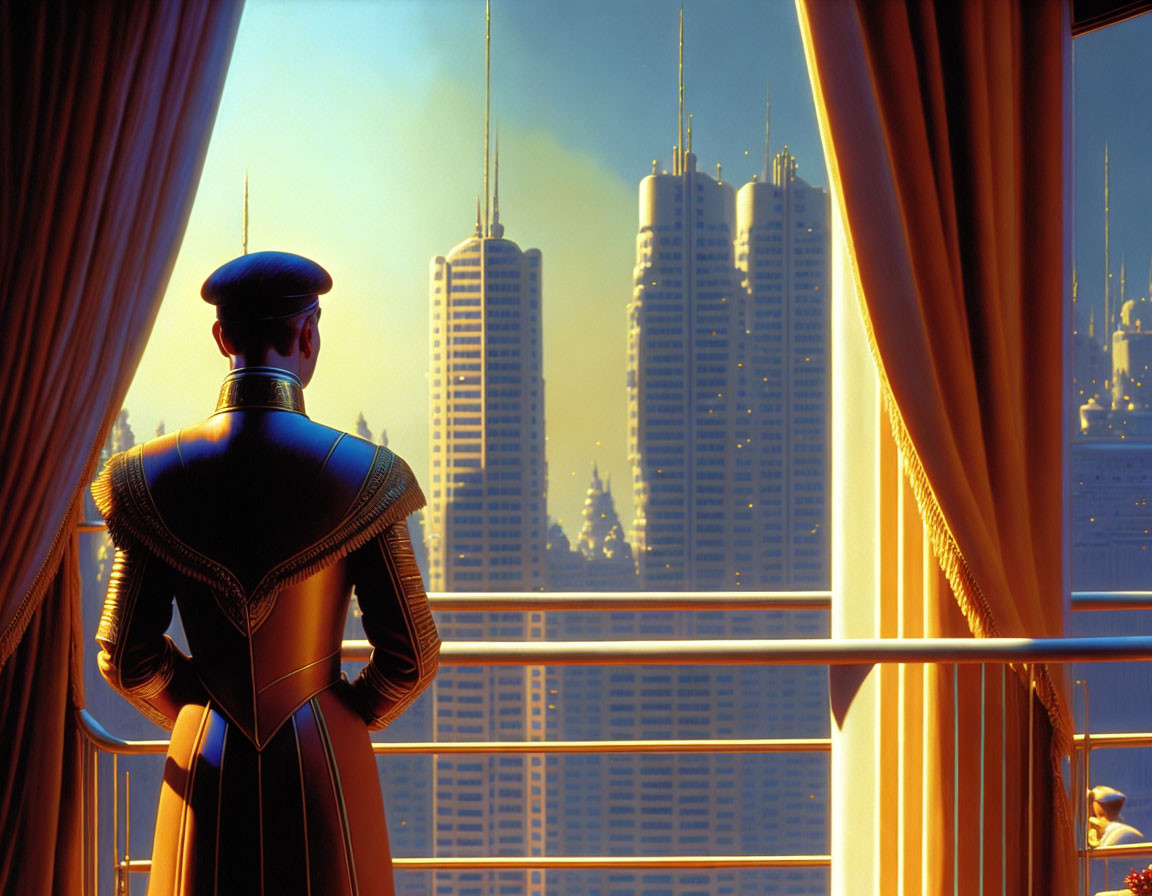 Doorman in uniform gazes at cityscape in golden sunlight