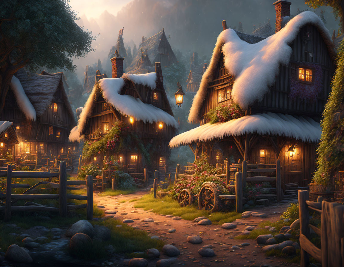 Snow-capped thatched-roof cottages in a cozy medieval village at twilight