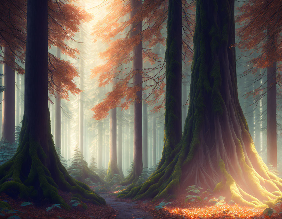 Misty forest with towering trees and autumn leaves in sunlight