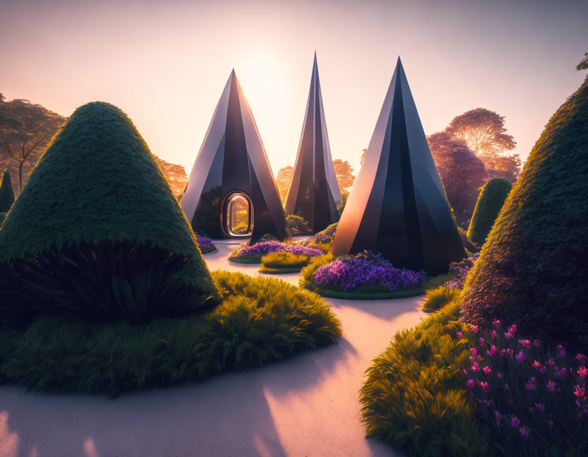 Surreal garden with trimmed hedges and black structures at sunrise