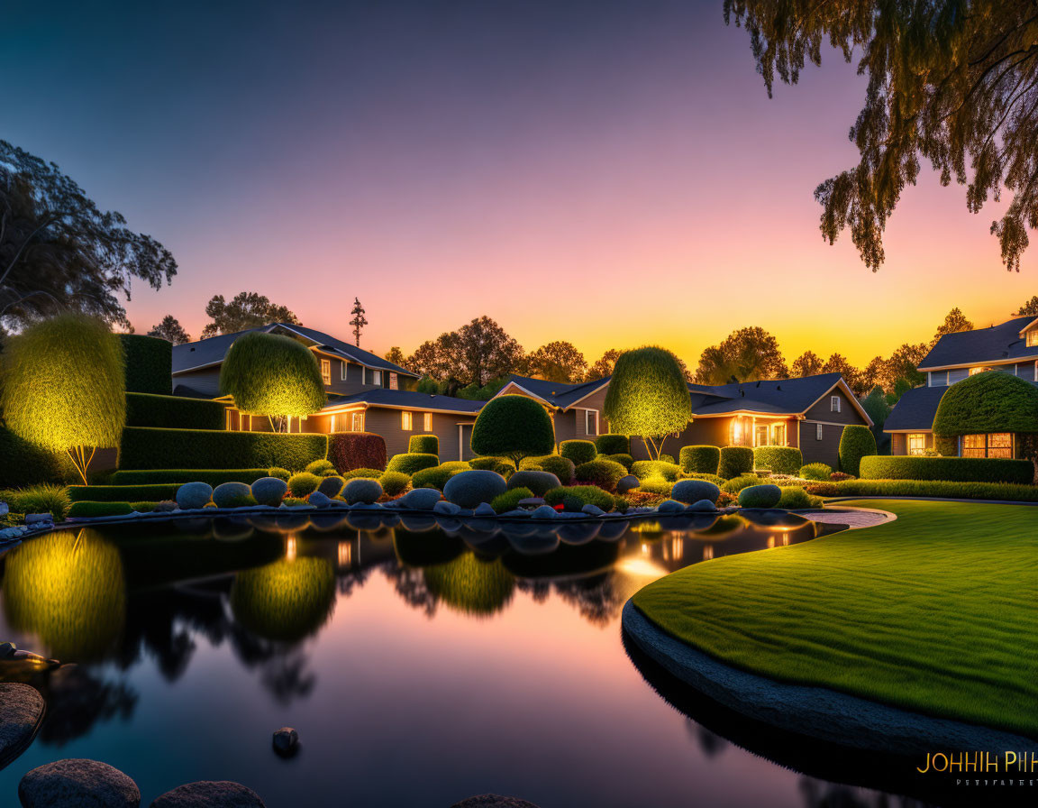 Tranquil landscaped garden with reflective pond at twilight