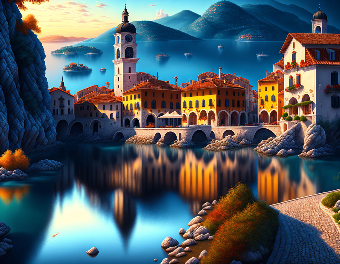 Picturesque coastal village with illuminated buildings, calm bay, reflections, and mountains at dusk or dawn