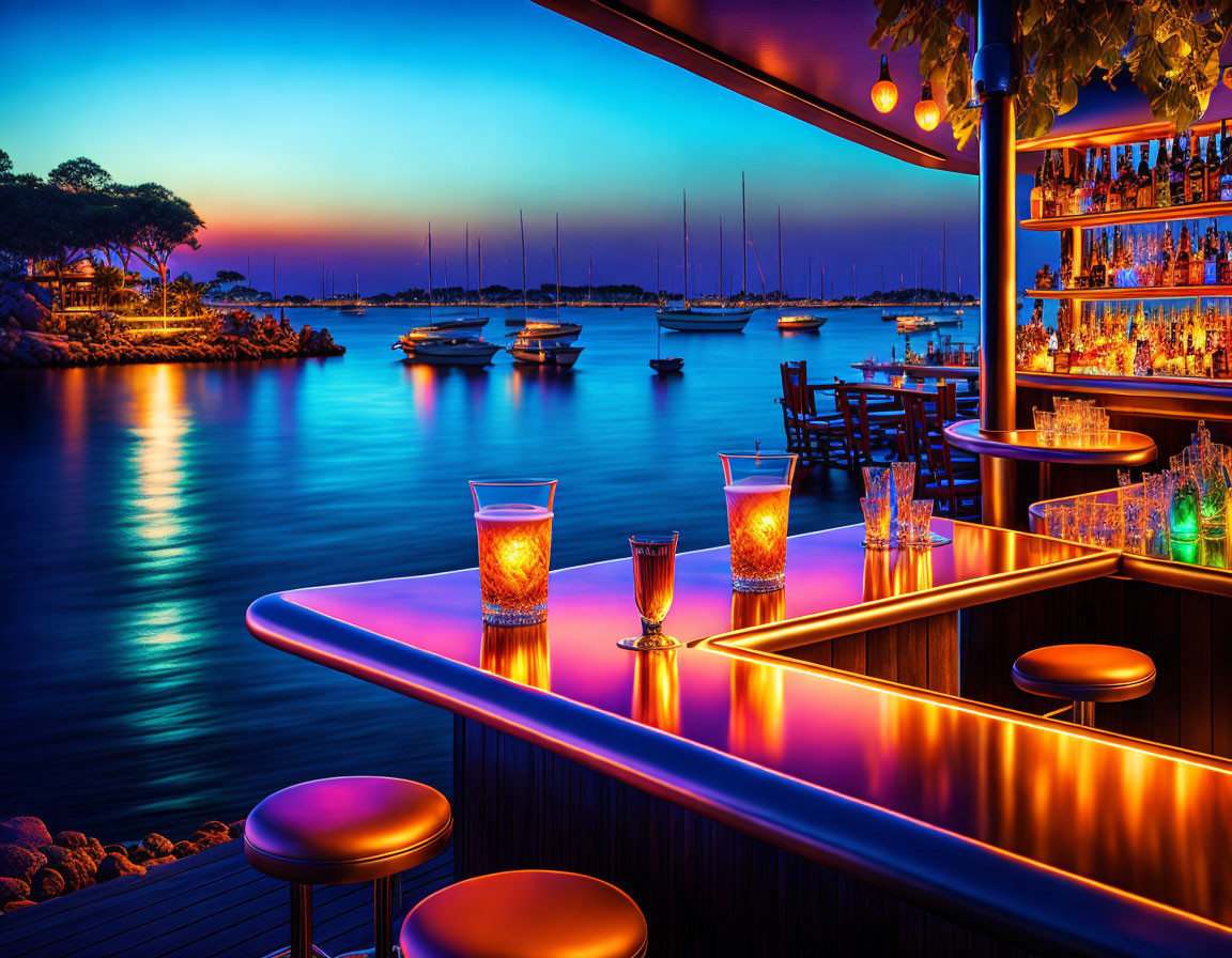 Neon-lit outdoor bar with harbor view and illuminated cocktails