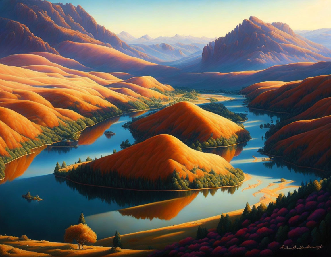 Colorful autumn landscape with rolling hills, river, and red tree