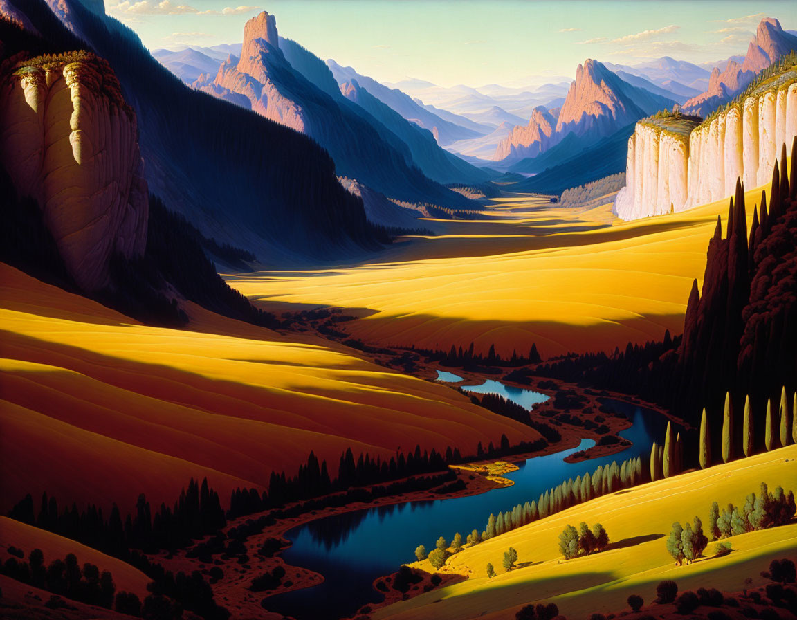 Colorful landscape painting of sunlit valley, winding river, cliffs, and mountains.