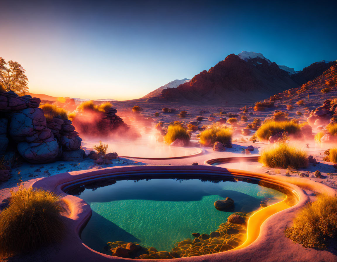 Tranquil thermal pool in rocky landscape at sunrise