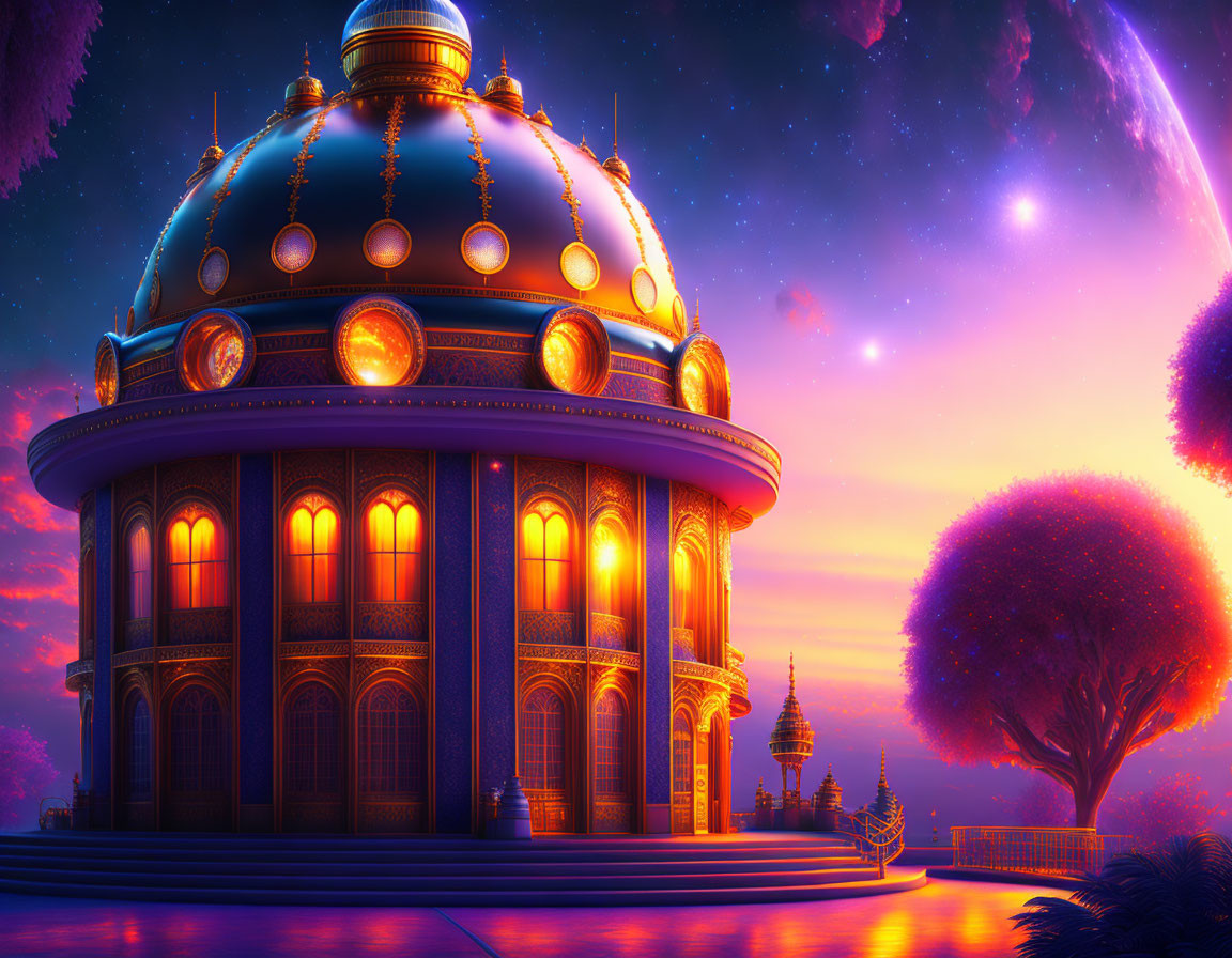 Digital artwork: Fantasy palace illuminated at dusk with vibrant colors