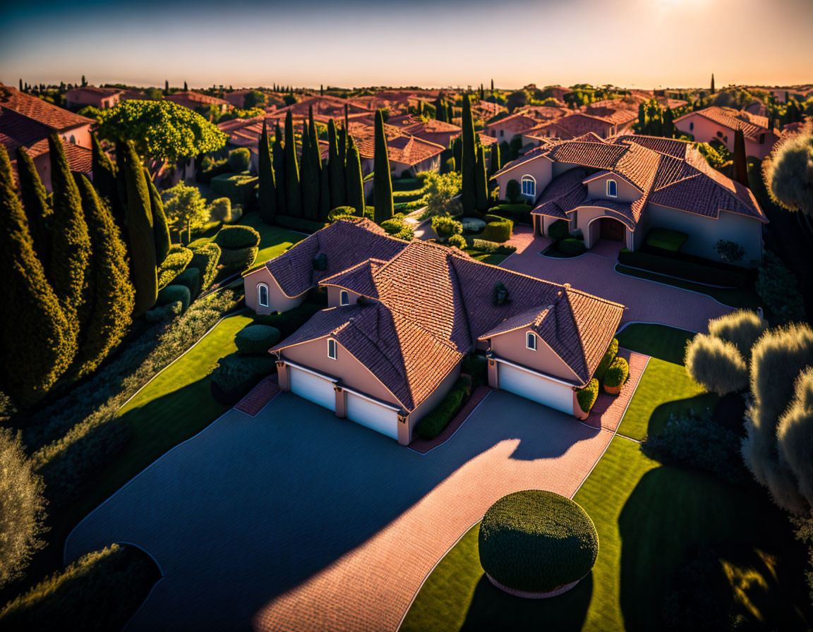 Suburban neighborhood at sunset with red-tiled roofs and tree-lined streets